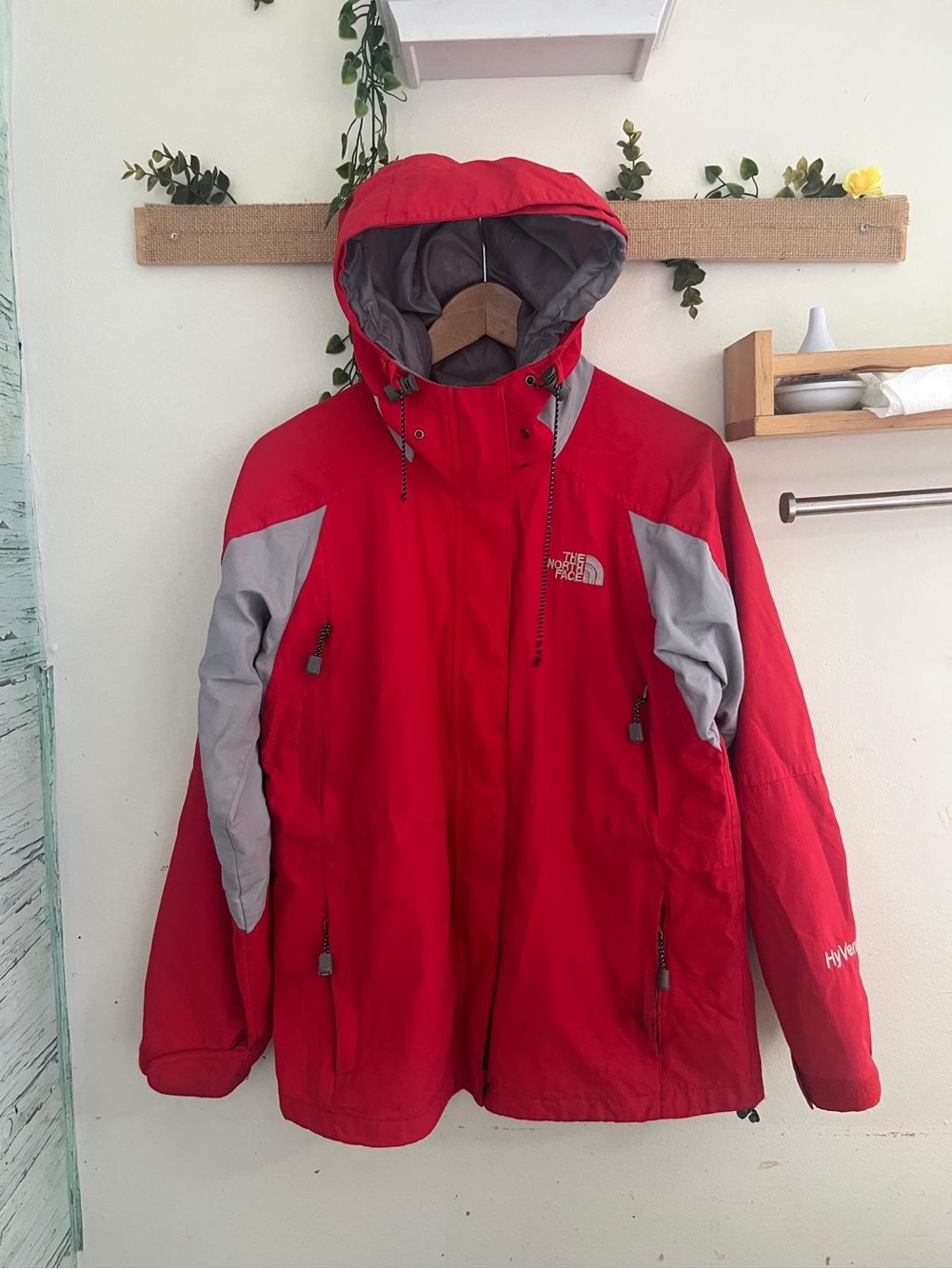 The North Face Red and Gray Hooded Rain Jacket